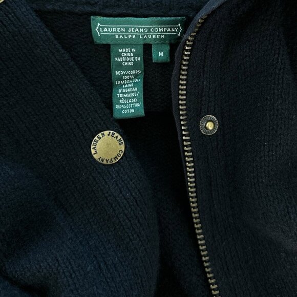 Ralph Lauren Long Black Wool Cinch Waist Cardigan Zip Snap Front Sweater M - Picture 4 of 4